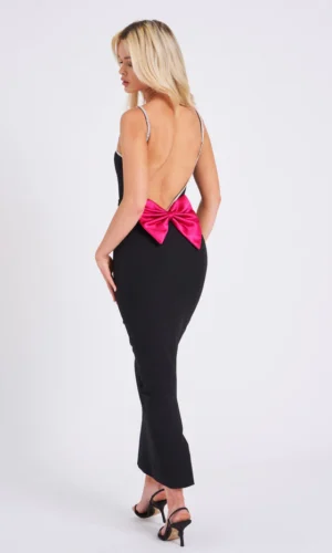 Flore Crystal Straps Backless Gown With Bow - Black