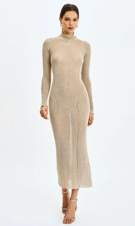 Shay Stretch Knit Backless Long Sleeve Maxi Dress - gold