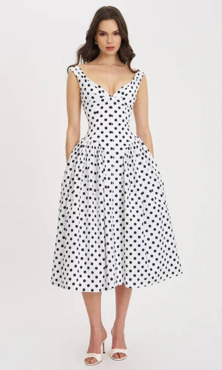 Rahma Polka Dot Cotton Poplin Drop Waist Midi Dress