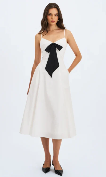 Corinne Poplin Flared Midi Dress with Removable Bow - White