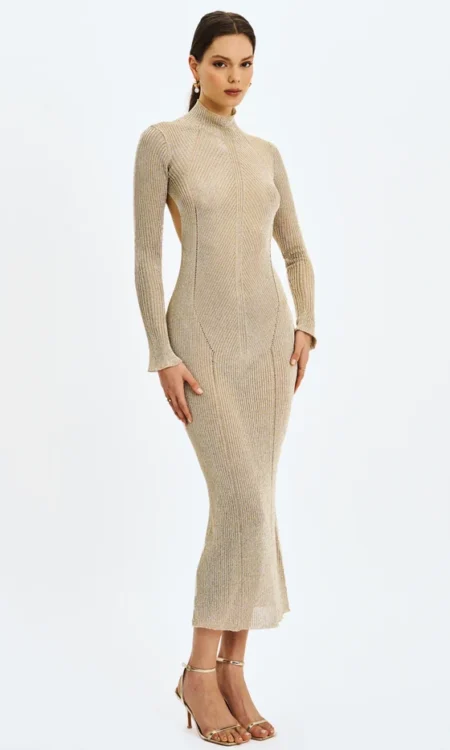 Shay Gold Stretch Knit Backless Long Sleeve Maxi Dress