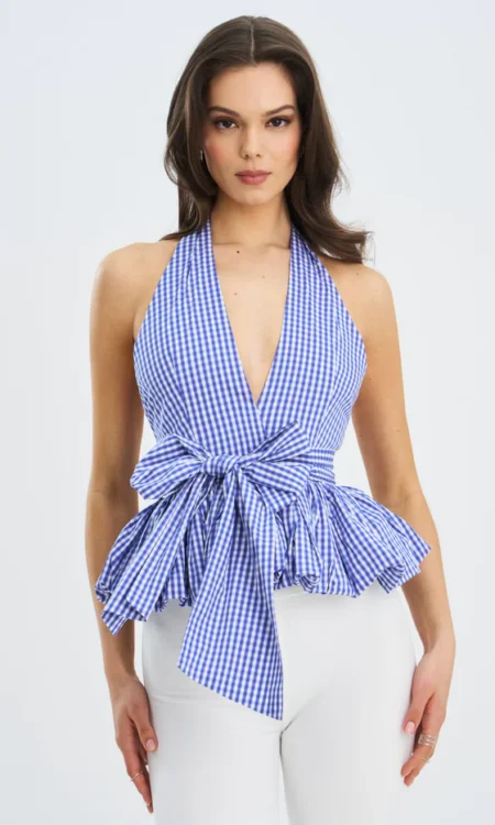 Ilene Blue Gingham Cotton Bubble Hem Halter Top