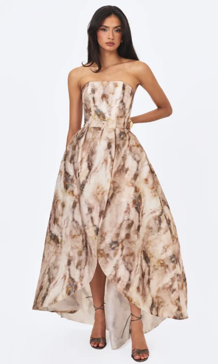 Micaela Camel Watercolor Jacquard Chiffon Dipped Hem Gown