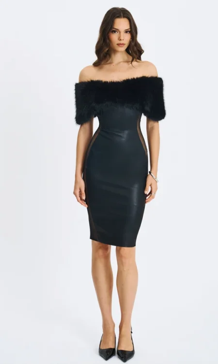 Bellis Fur Trim Mesh Panel Off-Shoulder Midi Dress - black