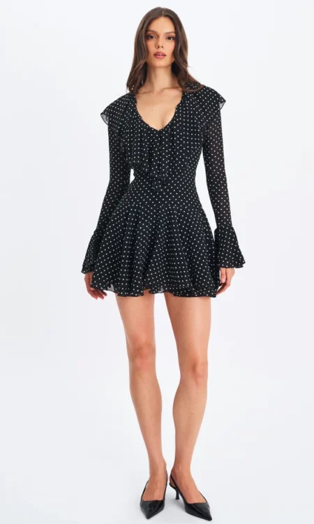 Omari Black Chiffon Polka Dot Ruffled Neckline Mini Dress