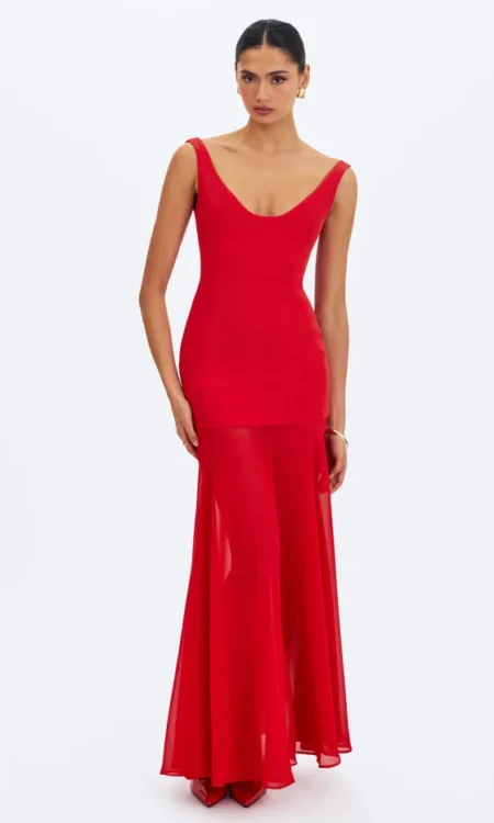 Verona Crimson Scoop Neck Flared Maxi Dress