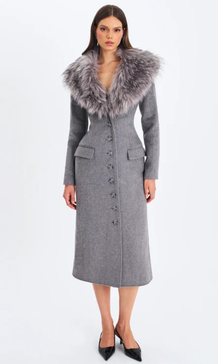 Faye Wool Blend Single-Breasted Coat with Removable Faux Fur Collar - grey