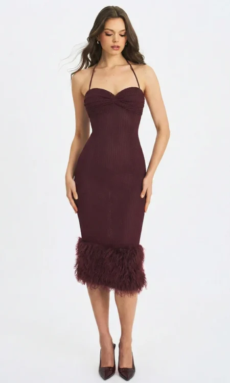 Pluma Halter Faux-Fur Trimmed Midi Dress - Maroon
