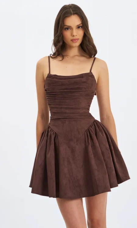 Raisa Vegan Suede Ruched Mini Dress - Mahogany