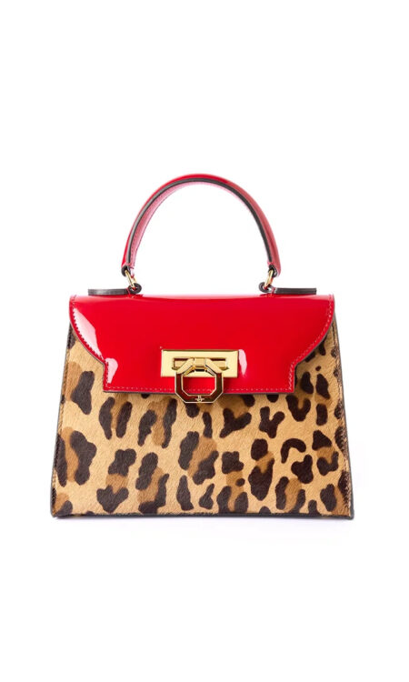 Erika leather handbag – Pony leopard/Patent red