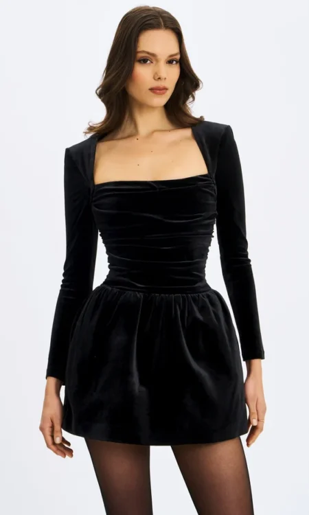 Catrina Velvet Square Neck Bow-Tie Mini Dress - black