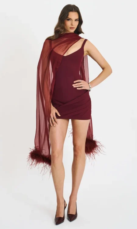 Tori Wine Red Pleated Mini Dress with Chiffon Scarf