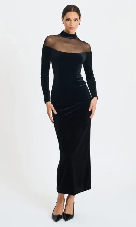 Blair Sheer Mock Neck Maxi Dress - black