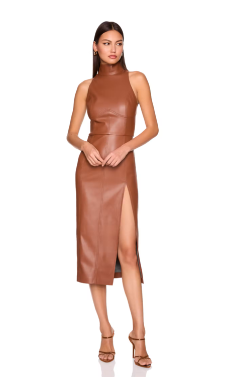 Susana Monaco Faux Leather Mock Sleeveless Slit Dress - Toast